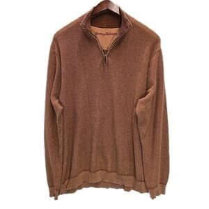 Tommy Bahama Mens Ribbed Quarter Zip Sweater Sz XL Cognac Quiet Luxury Preppy